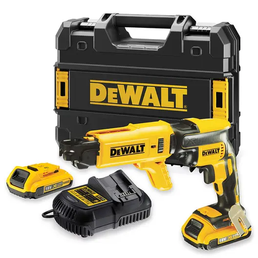 Акумулаторен винтоверт DeWALT с безчетков двигател за сухо строителство  с 2 батерии и зарядно, 18 V, 2 Ah, 30 Nm, 1/4", шестостен, DCF620D2K