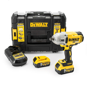 Гайковерт акумулаторен DeWALT с безчетков двигател с 2 батерии и зарядно, 18 V, 5 Ah, 950 Nm, 950 Nm, квадрат, 1/2", DCF899P2