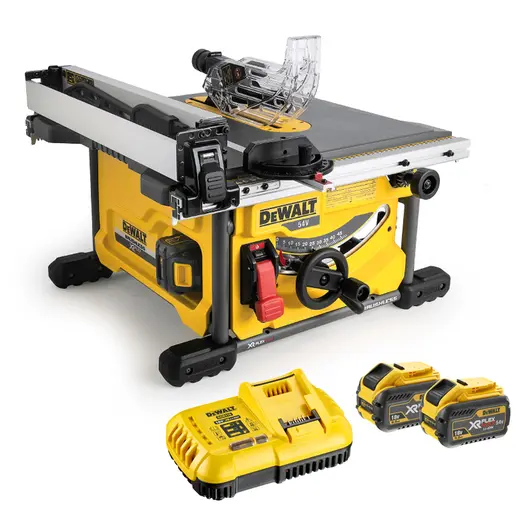 Акумулаторен настолен циркуляр DeWALT  с 2 батерии и зарядно, 54 V, 6 Ah, ф 210 мм, 5800 об./мин, DCS7485T2