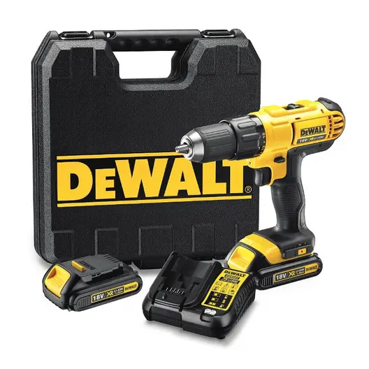 Акумулаторен винтоверт DeWALT с колекторен двигател  с 2 батерии и зарядно, 18 V, 1.3 Ah, 42 Nm, 1.5-13 мм, DCD771C2
