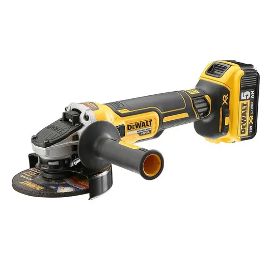 Акумулаторен ъглошлайф DeWALT  с 2 батерии и зарядно, 18 V, 5 Ah, 125 мм, 9000 об./мин, DCG405P2