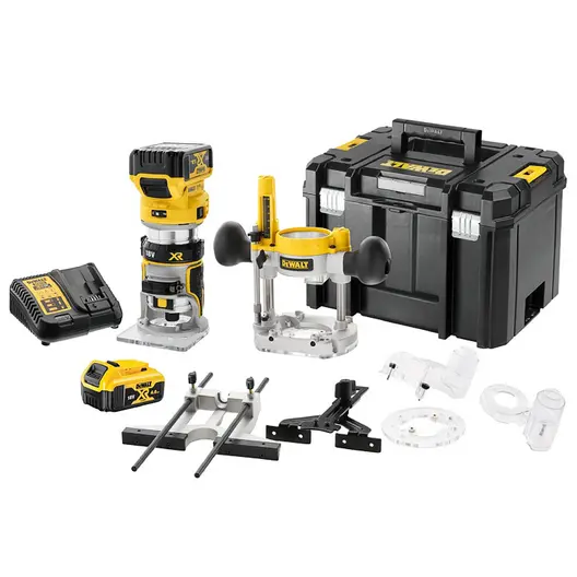 Акумулаторна оберфреза DeWALT  с 2 батерии и зарядно, 18 V, 5 Ah, 16 000-25 000 об./мин, ф 6.35-8 мм, DCW604P2