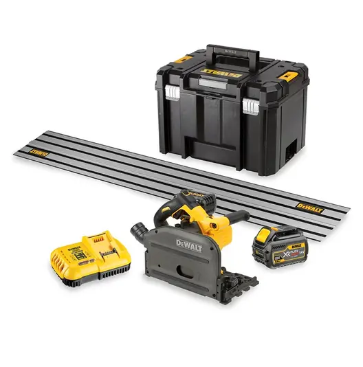 Ръчен потапящ се циркуляр DeWALT акумулаторен с шина  с 2 батерии и зарядно, 54/18 V, 2/6 Ah, ф 165 мм, 1750-500 об./мин, DCS520