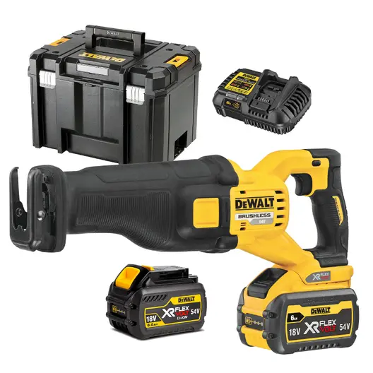Саблен трион DeWALT акумулаторен с плавно регулиране  с 2 батерии и зарядно, 54 V, 2 Ah, 0-3000 хода/мин, 28.6 мм, DCS389T2