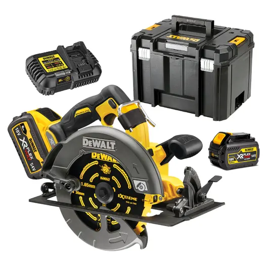 Акумулаторен ръчен циркуляр DeWALT  с 2 батерии и зарядно, 54 V, 2 Ah, ф 190 мм, 5800 об./мин, DCS578T2