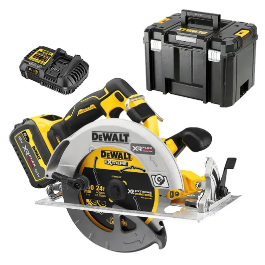 Акумулаторен ръчен циркуляр DeWALT  с 1 батерия и зарядно, 18 V, 6 Ah, ф 190 мм, 5500 об./мин, 57 °, DCS573T1
