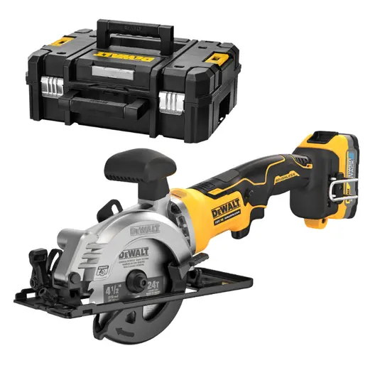 Акумулаторен ръчен циркуляр DeWALT  с 1 батерия и зарядно, 18 V, 1.7 Ah, ф 115 мм, 0-4500 об./мин, 45 °, DCS571E1T