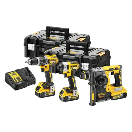 Комплект акумулаторни инструменти DeWALT  с 3 батерии и зарядно, DCD796, DCH273, DCF887, 18 V, 5 Ah, DCK368P3T