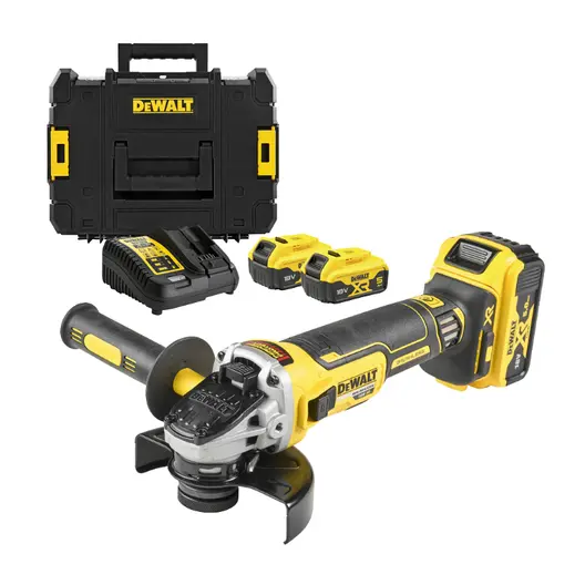Акумулаторен ъглошлайф DeWALT  с 3 батерии и зарядно, 18 V, 5 Ah, 125 мм, 9000 об./мин, DCG405P3