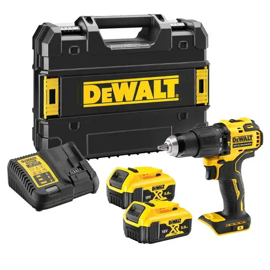 Акумулаторен винтоверт DeWALT с безчетков двигател  с 2 батерии и зарядно, 18 V, 5 Ah, 65 Nm, 1.5-13 мм, DCD708P2T