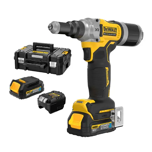 Акумулаторна нитачка за поп-нитове DeWALT  с 2 батерии и зарядно, 18 V, 2 Ah, 20 kN, 4.8-6.4 мм, DCF414E2GT