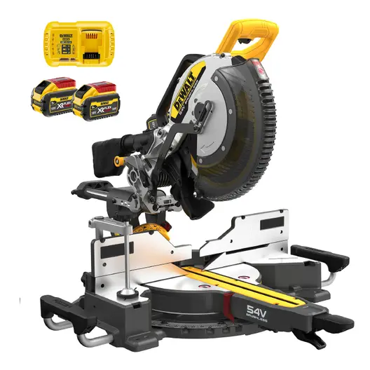 Акумулаторен настолен циркуляр DeWALT потапящ с герунг  с 2 батерии и зарядно, 54 V, 9 Ah, 305 мм, 3800 об./мин, 60 °, DCS781X2