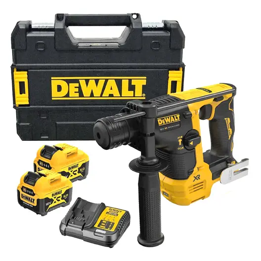 Акумулаторен перфоратор DeWALT с безчетков двигател  с 2 батерии и зарядно, SDS-plus, 12 V, 5 Ah, 1.1 J, 0-4280 уд./мин, DCH072P2