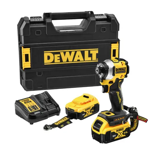 Акумулаторен гайковерт DeWALT с безчетков двигател  с 2 батерии и зарядно, 18 V, 5 Ah, 205 Nm, шестостен, 1/4", DCF850P2LRT