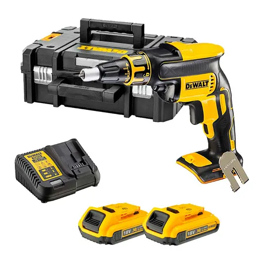 Акумулаторен винтоверт DeWALT с безчетков двигател за сухо строителство  с 2 батерии и зарядно, 18 V, 2 Ah, 30 Nm, 1/4", шестостен, DCF620D2