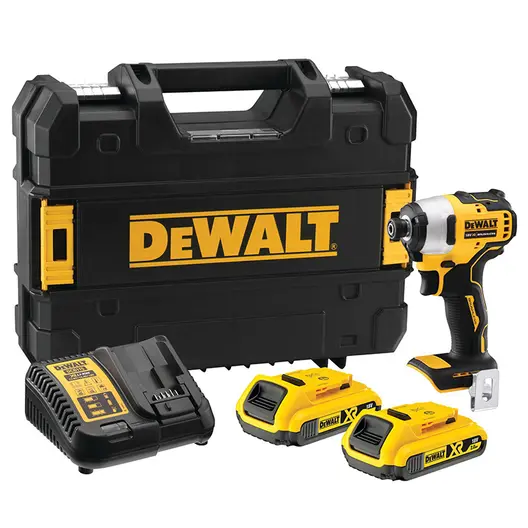 Акумулаторен гайковерт DeWALT с безчетков двигател  с 2 батерии и зарядно, 18 V, 2 Ah, 190 Nm, шестостен, 1/4", DCF809D2T