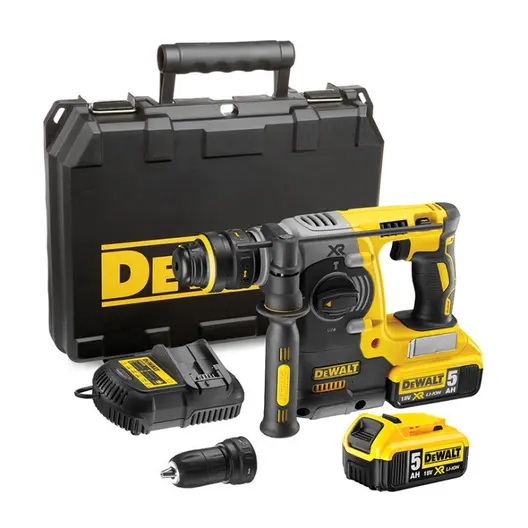Акумулаторен перфоратор DeWALT с безчетков двигател  с 2 батерии и зарядно, SDS-plus, 18 V, 5 Ah, 2.1 J, 0-4600 уд./мин, DCH273P2T