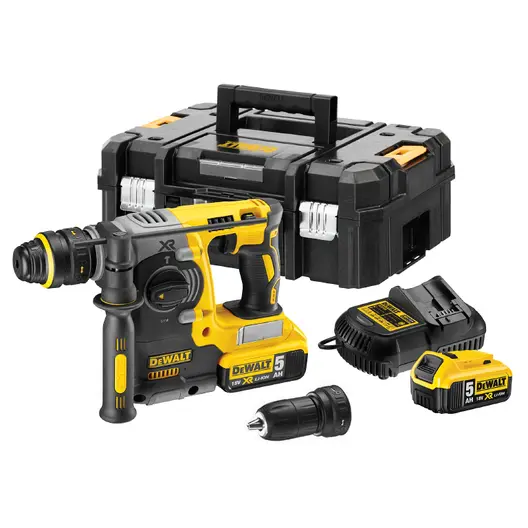 Акумулаторен перфоратор DeWALT с безчетков двигател  с 2 батерии и зарядно, SDS-plus, 18 V, 5 Ah, 2.1 J, 0-4600 уд./мин, DCH274P2T