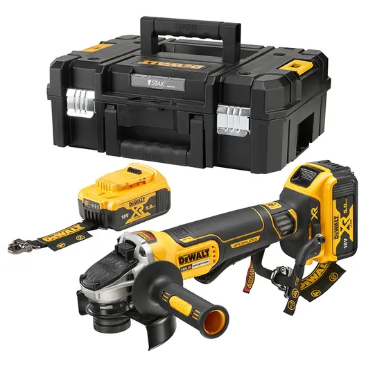Акумулаторен ъглошлайф DeWALT  с 2 батерии без зарядно, 18 V, 5 Ah, 125 мм, 9000 об./мин, DCG406P2LRT