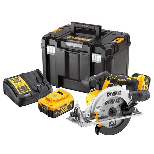 Акумулаторен ръчен циркуляр DeWALT  с 2 батерии и зарядно, 18 V, 5 Ah, ф 165 мм, 4950 об./мин, DCS565P2