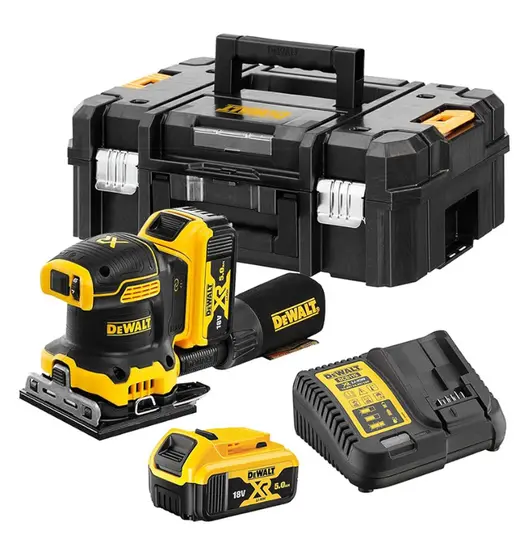 Акумулаторен виброшлайф DeWALT  с 2 батерии и зарядно, 18 V, 5 Ah, 8000-13 500 хода/мин, 108x115 мм, DCW200P2