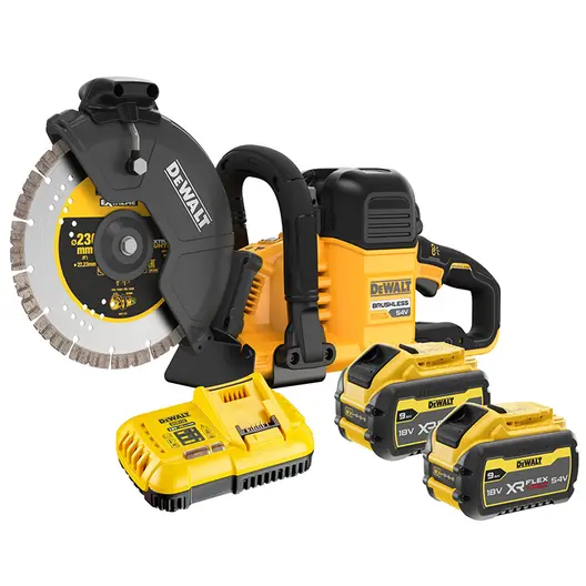Акумулаторен ъглошлайф DeWALT  с 2 батерии и зарядно, 54/18 V, 3/9 Ah, 230 мм, 6600 об./мин, DCS691X2
