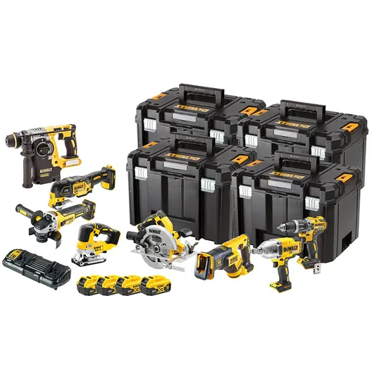 Комплект акумулаторни инструменти DeWALT  с 4 батерии и зарядно, DCD796, DCF889H, DCG405, DCH273, DCS355, DCS367, DCS570, DCS334, 18 V, 5 Ah, DCK865P4T