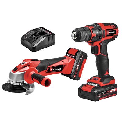 Комплект акумулаторни инструменти Einhell    с 2 батерии и зарядно, TC-CD 18/35 Li, TC-AG 18/115 Li, 18 V, 1.5 Ah, 3 Ah, PXC TC-TK 18 Li Kit