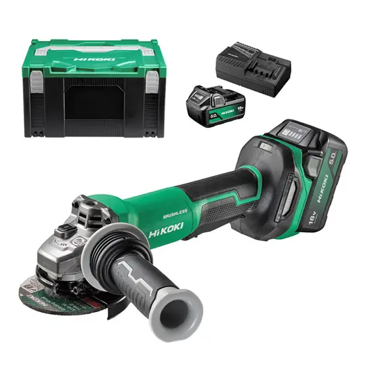 Акумулаторен ъглошлайф HiKOKI - Hitachi  с 2 батерии и зарядно, 18 V, 5 Ah, 125 мм, 3200-8000 об./мин, G1813DVF