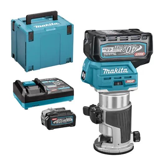 Акумулаторна оберфреза Makita  с 2 батерии и зарядно, 40 V, 4 Ah, 10 000-31 000 об./мин, ф 6-8 мм, RT001GM210
