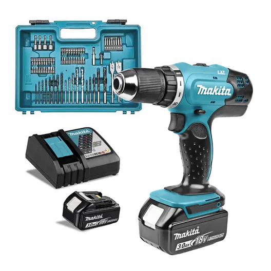 Акумулаторен винтоверт Makita с колекторен двигател  с 2 батерии и зарядно, 18 V, 3 Ah, 42 Nm, 1.5-13 мм, DDF453RFX1