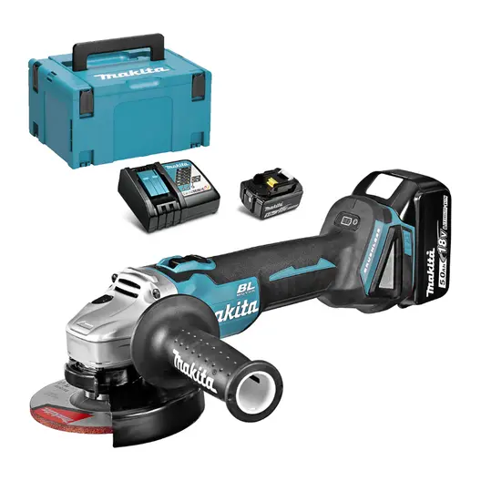 Акумулаторен ъглошлайф Makita  с 2 батерии и зарядно, 18 V, 5 Ah, 125 мм, 8500 об./мин, DGA504RTJ