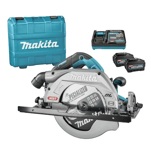 Акумулаторен ръчен циркуляр Makita  с 2 батерии и зарядно, 40 V, 5 Ah, ф 235 мм, 4000 об./мин, HS009GT201