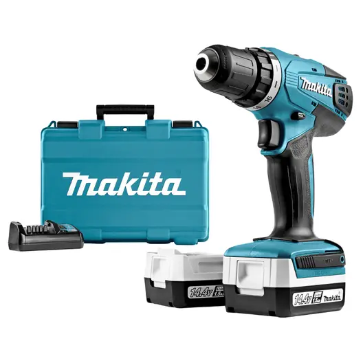 Акумулаторен винтоверт Makita с колекторен двигател  с 2 батерии и зарядно, 14.4 V, 1.3 Ah, 30 Nm, 0.8-10 мм, DF347DWE