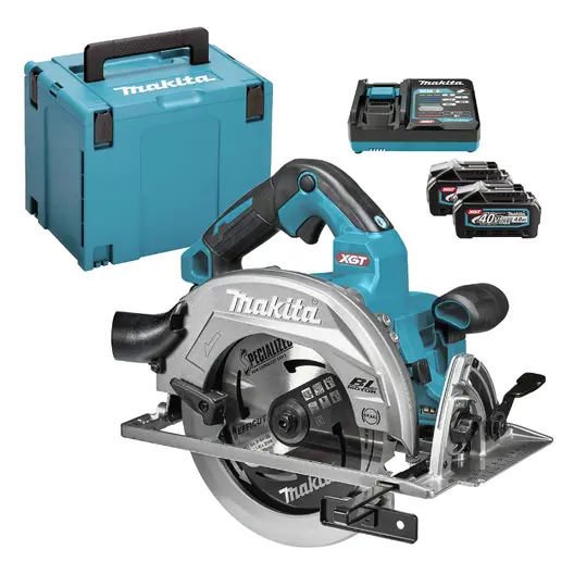 Акумулаторен ръчен циркуляр Makita  с 2 батерии и зарядно, 40 V, 4 Ah, ф 185/190 мм, 6000 об./мин, HS003GM201