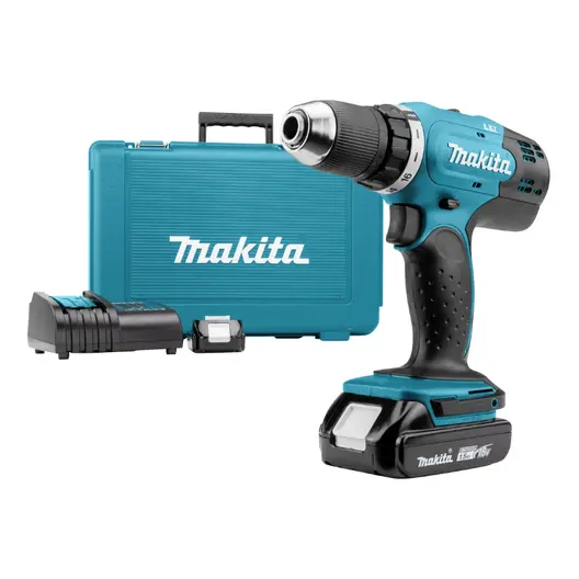 Акумулаторен винтоверт Makita с колекторен двигател  с 2 батерии и зарядно, 18 V, 1.5 Ah, 42 Nm, 1.5-13 мм, DDF453SYE