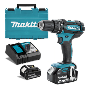 Бормашина винтоверт Makita акумулаторна ударна с 2 батерии и зарядно, 18 V, 3 Ah, 62 Nm, 1.5-13 мм, DHP482RFE