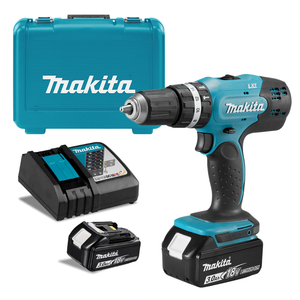 Бормашина винтоверт Makita акумулаторна ударна с 2 батерии и зарядно, 18 V, 3 Ah, 42 Nm, 1.5-13 мм, DHP453RFE