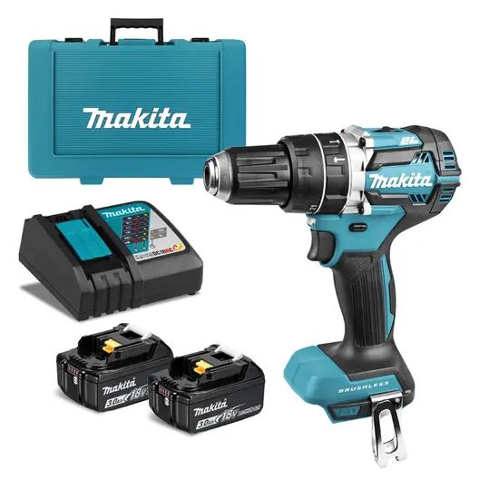Акумулаторен винтоверт Makita ударен  с 2 батерии и зарядно, 18 V, 3 Ah, 54 Nm, 1.5-13 мм, DHP484RFE