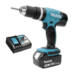 Бормашина винтоверт Makita акумулаторна ударна с 1 батерия и зарядно, 18 V, 3 Ah, 42 Nm, 1.5-13 мм, DHP453RFX8