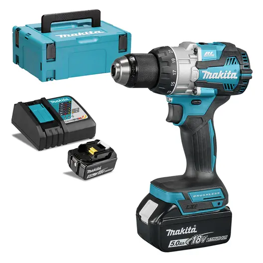 Акумулаторен винтоверт Makita ударен  с 2 батерии и зарядно, 18 V, 5 Ah, 73 Nm, 1.5-13 мм, DHP489RTJ