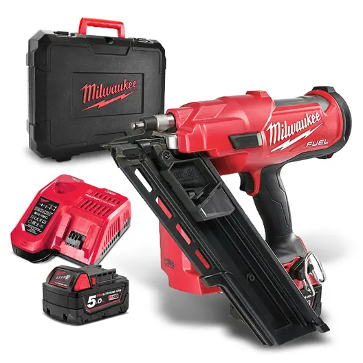 Акумулаторен такер за пирони Milwaukee  с 2 батерии и зарядно, 18 V, 5 Ah, тип SN21, тип SN34, 50-90 мм, M18 FFN-502C
