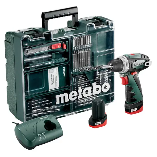 Акумулаторен винтоверт Metabo с колекторен двигател  с 2 батерии и зарядно, 10.8 V, 2 Ah, 34 Nm, 1-10 мм, PowerMaxx BS Basic
