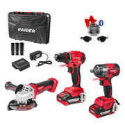 Комплект акумулаторни инструменти Raider  с 2 батерии и зарядно, RDP-PBCDI20, RDP-SPAG20, RDP-PBIW20, 20 V, 2 Ah - product - 004 RID3373