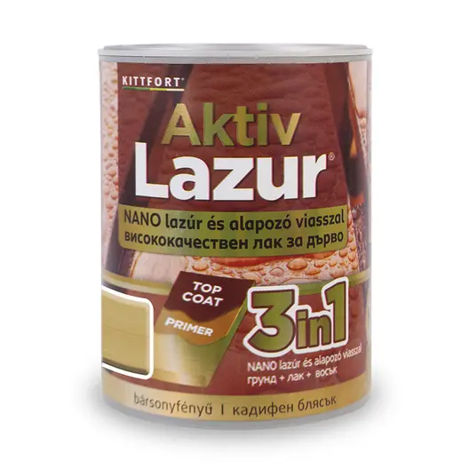 Лак водоразтворим Kittfort 3 в 1 лазурен  0.75 л, пиния, Aktiv Lazur