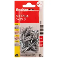 Дюбел пластмасов Fischer с опорен пръстен и винт PZ  ф 5x25 мм, 20 бр./опак., SX Plus S K