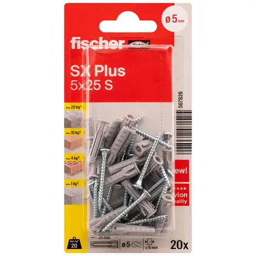 Дюбел пластмасов Fischer с опорен пръстен и винт PZ  ф 5x25 мм, 20 бр./опак., SX Plus S K
