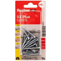 Дюбел пластмасов Fischer с опорен пръстен и винт PZ  ф 6x30 мм, 15 бр./опак., SX Plus S K
