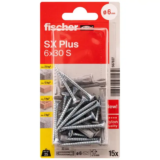 Дюбел пластмасов Fischer с опорен пръстен и винт PZ  ф 6x30 мм, 15 бр./опак., SX Plus S K