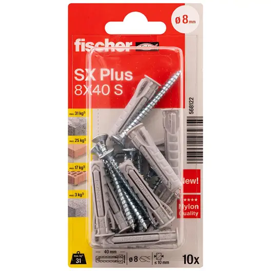 Дюбел пластмасов Fischer с опорен пръстен и винт PZ  ф 8x40 мм, 10 бр./опак., SX Plus S K